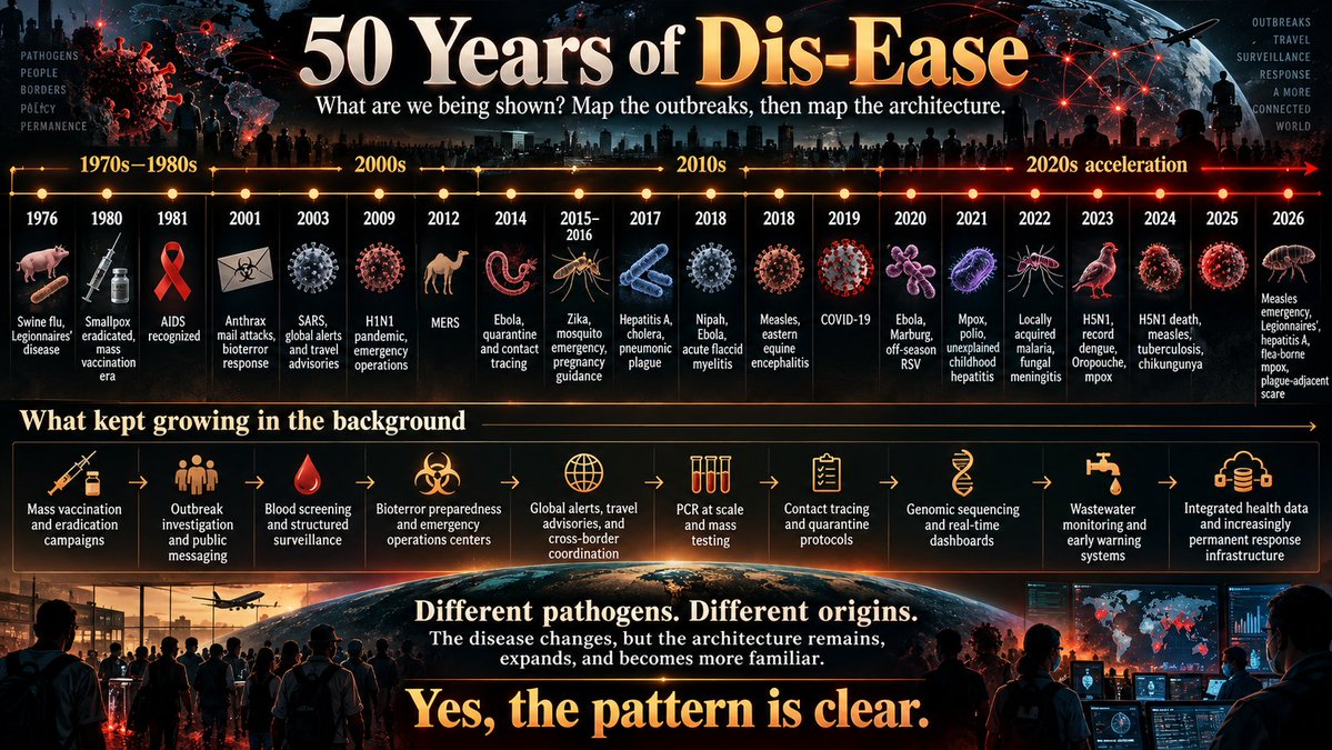 holonabove's tweet photo. BLACK PLAGUE... umm, no...
What are we being shown? Just map the last 10 years and the pattern speaks for itself...
2017... hepatitis A, cholera, pneumonic plague..
2018... Nipah, Ebola, acute flaccid myelitis...
2019... measles, eastern equine encephalitis...
2020... COVID...
2021... Ebola, Marburg, off-season RSV...
2022... mpox, polio, unexplained childhood hepatitis, Ebola...
2023... locally acquired malaria, fungal meningitis...
2024... H5N1, record dengue, Oropouche, mpox...
2025... H5N1 death, measles, tuberculosis, chikungunya...
2026... measles emergency, Legionnaires’, hepatitis A, flea-borne typhus, mpox, now another plague scare...
Different pathogens, "different" origins, yet the same response machinery keeps surfacing...
We know it by heart... surveillance, sequencing, wastewater monitoring, contact tracing, quarantine, emergency declarations, travel controls and increasingly integrated health data...
The disease changes... the underlying architecture remains, expands and becomes more familiar... yes, the pattern is clear...
Look at the attached image for 50 year mapping...