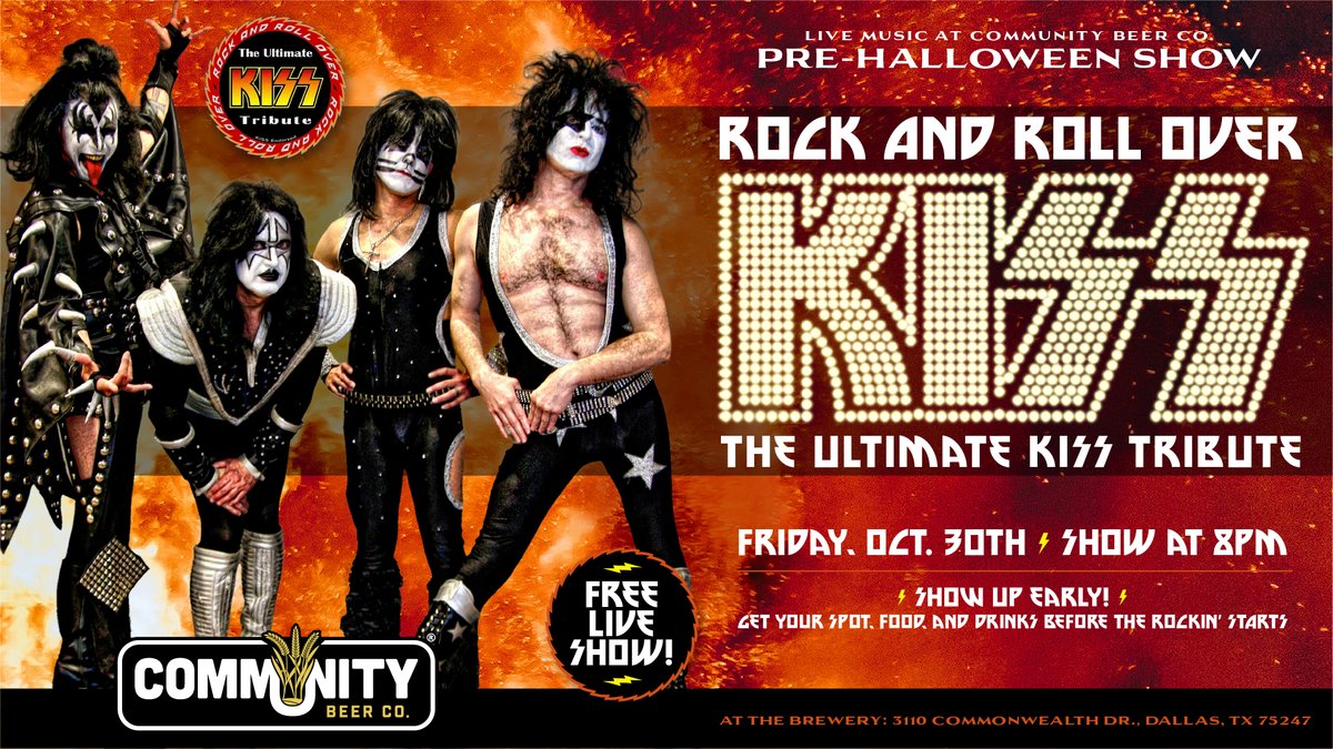 CommunityBeerCo's tweet photo. JUST ANNOUNCED: Rock and Roll Over, The Ultimate KISS Tribute, hits Community Beer Co. for a FREE pre-Halloween show on Fri. 10/30 at 8PM. Costumes encouraged. Reserve your spot and let us know you’re coming for the band!

https://t.co/afa7lu3iQk https://t.co/W6Imh39EAa