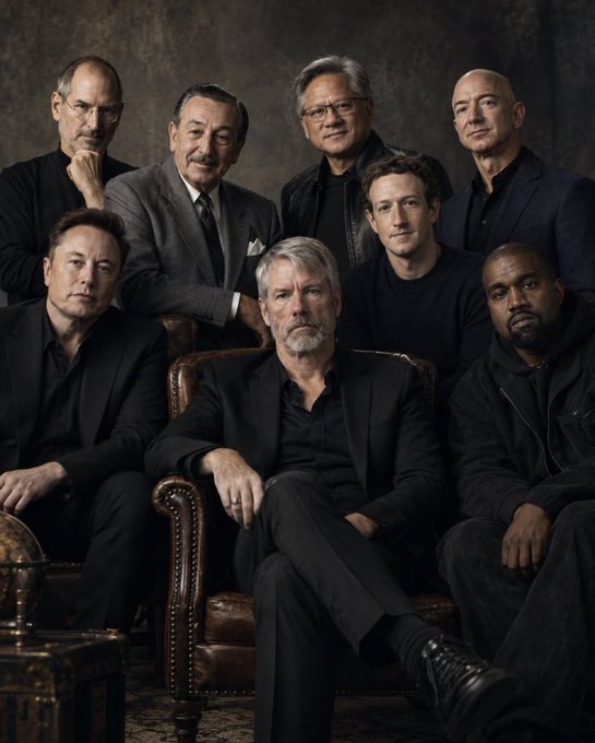 A stylized group portrait featuring seven prominent tech and entertainment figures posed together, including Steve Jobs, Jensen Huang, Elon Musk, Mark Zuckerberg, Tim Cook, Kanye West, and Jeff Bezos.