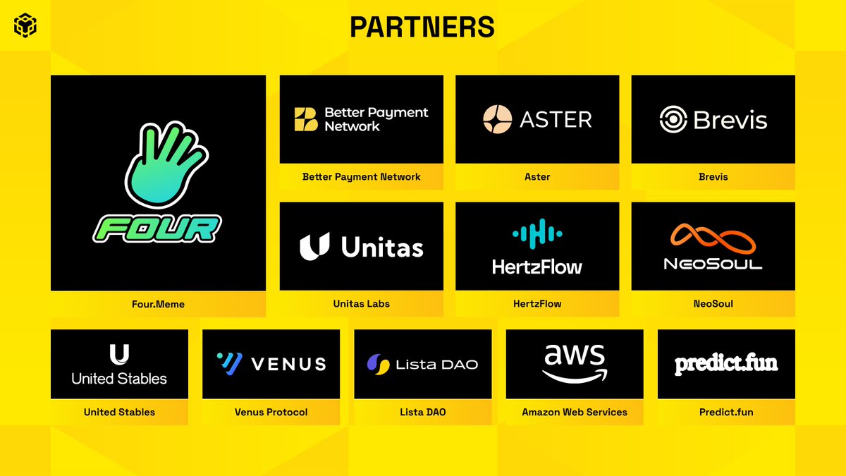 BNBCHAIN's tweet photo. It’s almost time for #BNBSG 🇸🇬

The gathering point for the people shaping the future of onchain, powered by:
🔸 @fourdotmemezh - Full-stack launchpad
🔸 @bpn_network - Multi-stablecoin liquidity ecosystem
🔸 @Aster_DEX - Next-gen perp DEX
🔸 @brevis_zk - Infinite compute layer
🔸 @UnitasLabs - Yield generation layer
🔸 @Hertzflow_xyz - World leverage engine
🔸 @NeoSoulAI - Market infrastructure for the agent economy
🔸 @UTechStables - Next-gen stablecoin to unify liquidity 
🔸 @VenusProtocol - Universal money markets
🔸 @lista_dao - Intelligence-powered liquidity network
🔸 @awscloud - Cloud computing platform
🔸 @predictdotfun - Prediction market platform

Secure your spot on Oct 7: https://t.co/ZUzf6jF543