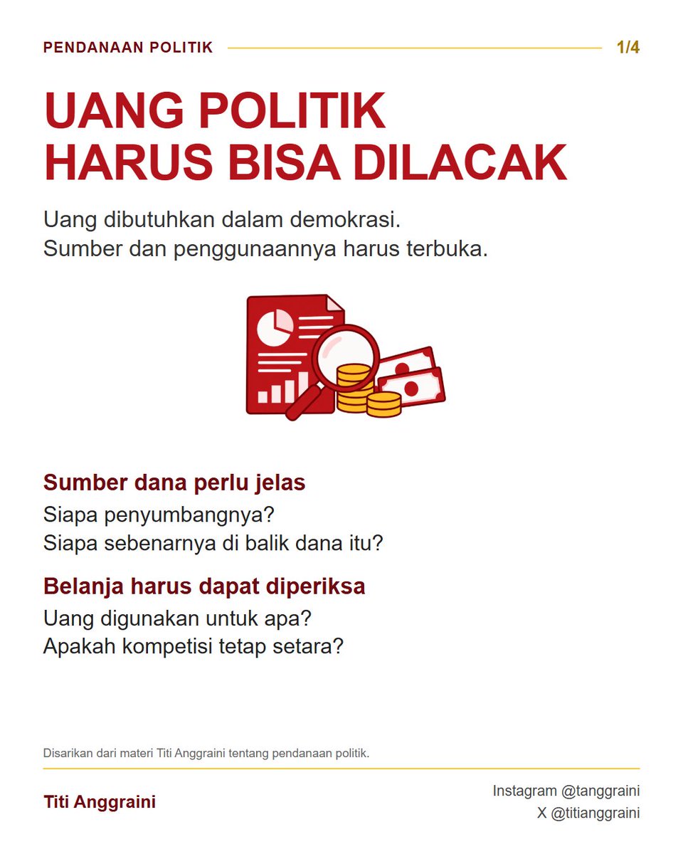 titianggraini's tweet photo. Uang politik harus bisa dilacak.

Demokrasi membutuhkan uang untuk menggerakkan organisasi, menyiapkan kader, dan menjangkau pemilih. Namun, ketergantungan pada penyandang dana besar berisiko mengganggu kemandirian partai dan kesetaraan kompetisi.

Reformasi pendanaan politik perlu dirancang sebagai satu sistem, dari keuangan internal partai dan pencalonan hingga kampanye, pelaporan, pengawasan, serta sanksi. Pembenahan harus dimulai jauh sebelum masa kampanye.

Keberadaan laporan dan audit belum otomatis membuat seluruh aliran dana dapat ditelusuri. Publik perlu mengetahui siapa penyumbangnya, siapa yang berada di balik perusahaan penyumbang, serta bagaimana uang digunakan. Pembiayaan iklan politik, jasa digital, dan dukungan pihak ketiga juga perlu dibuka.

Agenda pembenahan mencakup transaksi nontunai, pelaporan lebih cepat, data terbuka, batas belanja yang realistis, pengawasan independen, dan sanksi yang diterapkan secara konsisten.

Dana publik dapat menjadi instrumen reformasi. Tambahan dukungan dana negara untuk partai perlu disertai transparansi, audit yang bermakna, demokrasi internal, pendidikan politik, dan kaderisasi.

Kesetaraan perempuan juga membutuhkan akses pendanaan dan dukungan kampanye yang adil. Afirmasi perlu ditopang sumber daya agar perempuan dapat bersaing secara nyata.

Ukuran keberhasilan reformasi ialah uang yang terlacak, partai yang akuntabel, dan kompetisi yang lebih setara.

Berbagai agenda tersebut harus mampu dijangkau oleh pengaturan dalam revisi UU Pemilu. Ayo kita kawal dan ingatkan selalu agar pembentuk undang-undang tidak abai terhadap akuntabilitas keuangan politik dan kampanye.

#pendanaanpolitik #partaipolitik #danakampanye #integritaspemilu #perempuanpolitik