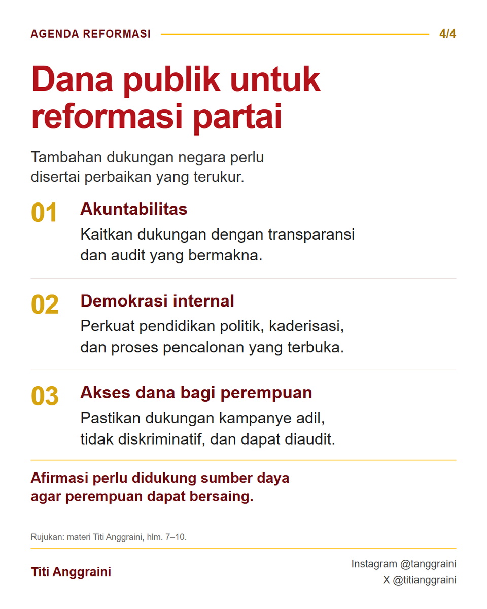 titianggraini's tweet photo. Uang politik harus bisa dilacak.

Demokrasi membutuhkan uang untuk menggerakkan organisasi, menyiapkan kader, dan menjangkau pemilih. Namun, ketergantungan pada penyandang dana besar berisiko mengganggu kemandirian partai dan kesetaraan kompetisi.

Reformasi pendanaan politik perlu dirancang sebagai satu sistem, dari keuangan internal partai dan pencalonan hingga kampanye, pelaporan, pengawasan, serta sanksi. Pembenahan harus dimulai jauh sebelum masa kampanye.

Keberadaan laporan dan audit belum otomatis membuat seluruh aliran dana dapat ditelusuri. Publik perlu mengetahui siapa penyumbangnya, siapa yang berada di balik perusahaan penyumbang, serta bagaimana uang digunakan. Pembiayaan iklan politik, jasa digital, dan dukungan pihak ketiga juga perlu dibuka.

Agenda pembenahan mencakup transaksi nontunai, pelaporan lebih cepat, data terbuka, batas belanja yang realistis, pengawasan independen, dan sanksi yang diterapkan secara konsisten.

Dana publik dapat menjadi instrumen reformasi. Tambahan dukungan dana negara untuk partai perlu disertai transparansi, audit yang bermakna, demokrasi internal, pendidikan politik, dan kaderisasi.

Kesetaraan perempuan juga membutuhkan akses pendanaan dan dukungan kampanye yang adil. Afirmasi perlu ditopang sumber daya agar perempuan dapat bersaing secara nyata.

Ukuran keberhasilan reformasi ialah uang yang terlacak, partai yang akuntabel, dan kompetisi yang lebih setara.

Berbagai agenda tersebut harus mampu dijangkau oleh pengaturan dalam revisi UU Pemilu. Ayo kita kawal dan ingatkan selalu agar pembentuk undang-undang tidak abai terhadap akuntabilitas keuangan politik dan kampanye.

#pendanaanpolitik #partaipolitik #danakampanye #integritaspemilu #perempuanpolitik