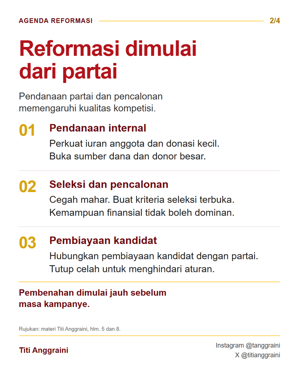 titianggraini's tweet photo. Uang politik harus bisa dilacak.

Demokrasi membutuhkan uang untuk menggerakkan organisasi, menyiapkan kader, dan menjangkau pemilih. Namun, ketergantungan pada penyandang dana besar berisiko mengganggu kemandirian partai dan kesetaraan kompetisi.

Reformasi pendanaan politik perlu dirancang sebagai satu sistem, dari keuangan internal partai dan pencalonan hingga kampanye, pelaporan, pengawasan, serta sanksi. Pembenahan harus dimulai jauh sebelum masa kampanye.

Keberadaan laporan dan audit belum otomatis membuat seluruh aliran dana dapat ditelusuri. Publik perlu mengetahui siapa penyumbangnya, siapa yang berada di balik perusahaan penyumbang, serta bagaimana uang digunakan. Pembiayaan iklan politik, jasa digital, dan dukungan pihak ketiga juga perlu dibuka.

Agenda pembenahan mencakup transaksi nontunai, pelaporan lebih cepat, data terbuka, batas belanja yang realistis, pengawasan independen, dan sanksi yang diterapkan secara konsisten.

Dana publik dapat menjadi instrumen reformasi. Tambahan dukungan dana negara untuk partai perlu disertai transparansi, audit yang bermakna, demokrasi internal, pendidikan politik, dan kaderisasi.

Kesetaraan perempuan juga membutuhkan akses pendanaan dan dukungan kampanye yang adil. Afirmasi perlu ditopang sumber daya agar perempuan dapat bersaing secara nyata.

Ukuran keberhasilan reformasi ialah uang yang terlacak, partai yang akuntabel, dan kompetisi yang lebih setara.

Berbagai agenda tersebut harus mampu dijangkau oleh pengaturan dalam revisi UU Pemilu. Ayo kita kawal dan ingatkan selalu agar pembentuk undang-undang tidak abai terhadap akuntabilitas keuangan politik dan kampanye.

#pendanaanpolitik #partaipolitik #danakampanye #integritaspemilu #perempuanpolitik