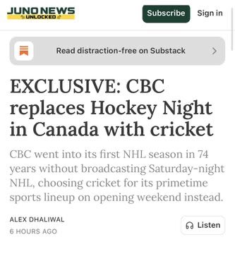 chrisbrunet's tweet photo. Canada update: they replaced Hockey Night in Canada with cricket https://t.co/3kS3y10nD0
