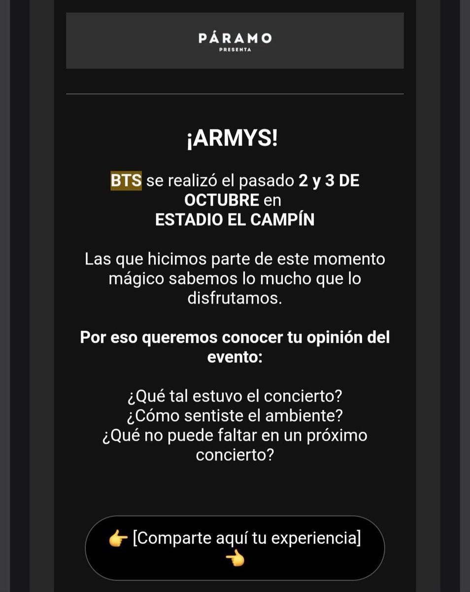 ARMYBogotaCol's tweet photo. #ARMYColombia, @paramo_presenta ha habilitado un formulario para comentar la experiencia en los conciertos de BTS

Cualquier sugerencia, queja, felicitación es suma para próximos eventos 

https://t.co/aDNmbeDRfr https://t.co/GNwsjTsroW