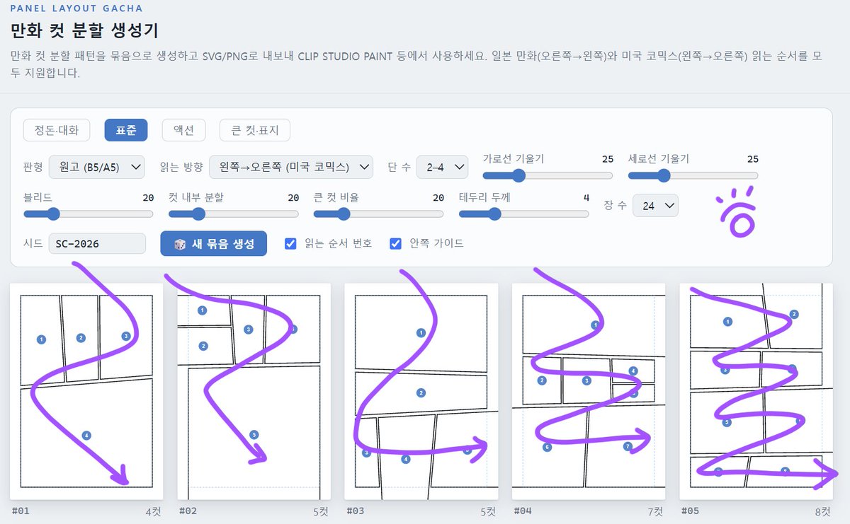 bottari_asset's tweet photo. 여러분! 이 사이트 흑백만화나 동인지 원고 연출할 때 정말 유용할 것 같아요!
만화는 시선의 흐름이 매우 중요해서 콘티 단계(컷 구성)에 시간이 많이 소요되곤 하는데요. 이 사이트로 미리 다양한 연출을 잡아볼 수 있을 것 같아요! (활용법 이어서)

📍만화 컷 분할 생성기