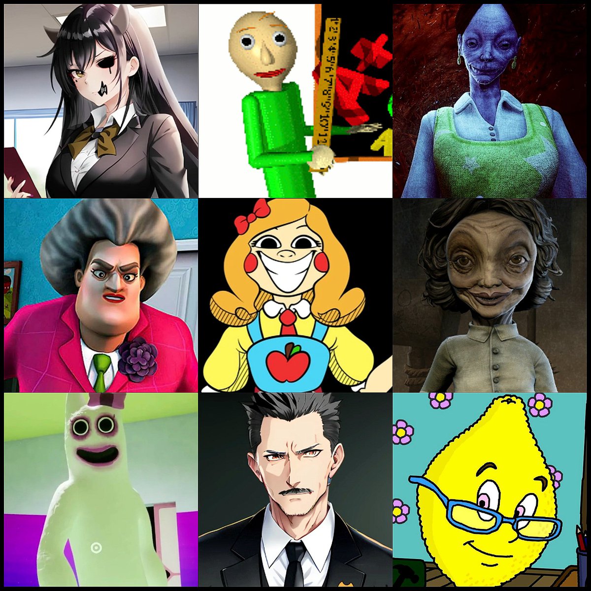 mascotmassacre's tweet photo. Today is World Teachers Day! They’re important even in horror games. 📏

Which one would you choose to teach you for an entire year? https://t.co/jsnAhxcqzF