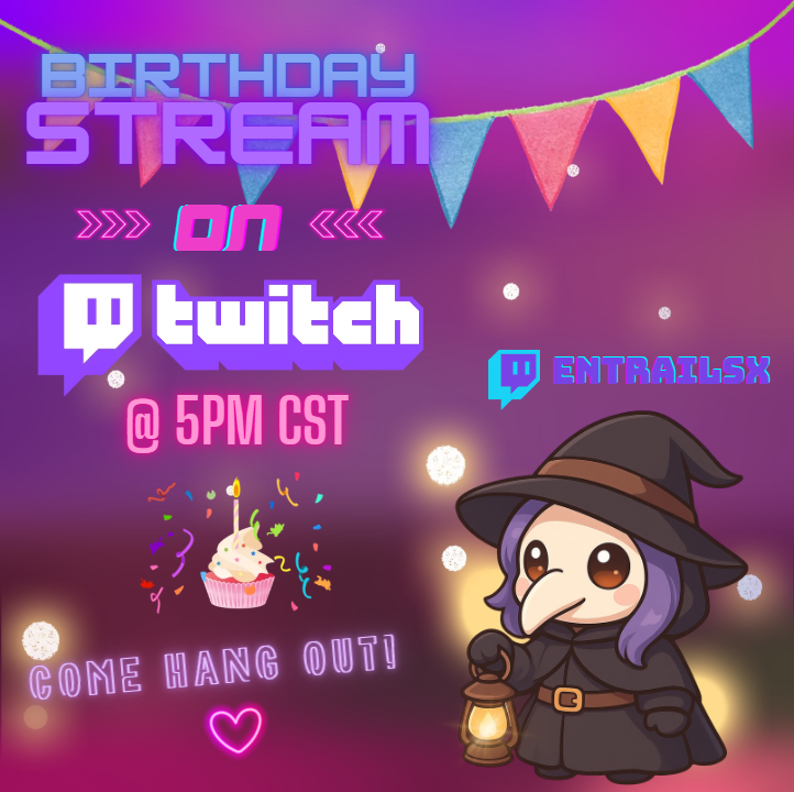 EntrailsxGaming's tweet photo. If you're not busy, feel free to tune in to my birthday stream at 5PM CST! I'll be playing some WoW for a bit then will probably play some spooky Demonologist later. 🎃👻🖤 https://t.co/7lcDyd999G