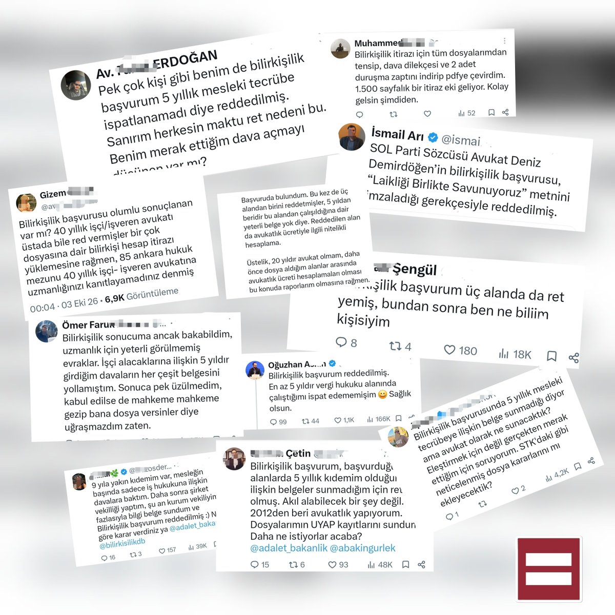 AvukatHG's tweet photo. MESLEKTAŞLARIMIZIN 
BİLİRKİŞİLİK BAŞVURULARINDA DEĞERLENDİRME KEYFİLİĞİNİ KABUL ETMİYORUZ

2 Ekim'de açıklanan bilirkişilik başvuru sonuçlarında
pek çok avukatın;

🔸️kıdem, mesleki birikim ve deneyimlerinin,
🔸️sundukları belgelerinin keyfilikle yok sayıldığı,
🔸️ başvurularının siyasi gerekçelerle reddedildiği, 
🔸️Cumhurbaşkanına Hakaret suçundan soruşturma geçirmiş olmanın, laikliği savunmuş olmanın ret gerekçesi olduğu,  
🔸️diğer gerekçelerin de muğlak ve basmakalıp şekilde belirtildiği, 🔸️🔸️kabul ve ret değerlendirmelerinde eşitsizlik ve çelişkiler bulunduğu görülmektedir.

🔸️Ayrıca, avukatların mesleki faaliyet belgelerinin yeterli bulunmaması, talep edilmeyen belgelerin eksik olduğu gibi tutarsız açıklamalar da değerlendirmenin tutarlı ve objektif  olmadığını göstermektedir.

📌Çoğu yönüyle tartışmalı olan bilirkişilik kurumunun, son gelişmeyle daha da güvensiz ve sorunlu bir hal almasının önlenmesi avukatların mesleki faaliyetleri ve yargıya güven ilkesi bakımından olumsuz sonuçlar doğuracağı, sonuçta da yargılamalarda adalet ve hakkaniyetten uzaklaşılacağı açıktır.

📢Başvuruları haksız ve keyfi biçimde reddedilen MESLEKTAŞLARIMIZA, sonuç ilan ve tebliğ tarihi olan 2 Ekim'den itibaren 30 GÜNLÜK İTİRAZ SÜRELERİ OLDUĞUNU HATIRLATIYORUZ.

❗️Adalet Bakanlığına da meslektaşlarımızın itirazlarının adil, ciddi ve titiz biçimde incelenmesi, açıklanan sonuçlardan keyfilikler giderilerek avukat adaylara somut ve denetlenebilir gerekçelerle yanıt verilmesi çağrısında bulunuyor, süreci itirazcı meslektaşlarımızın yanında ve aktif şekilde izleyeceğimizi bildiriyoruz.

#AvukatHakları 
#AvukatlarınAvukatıyız