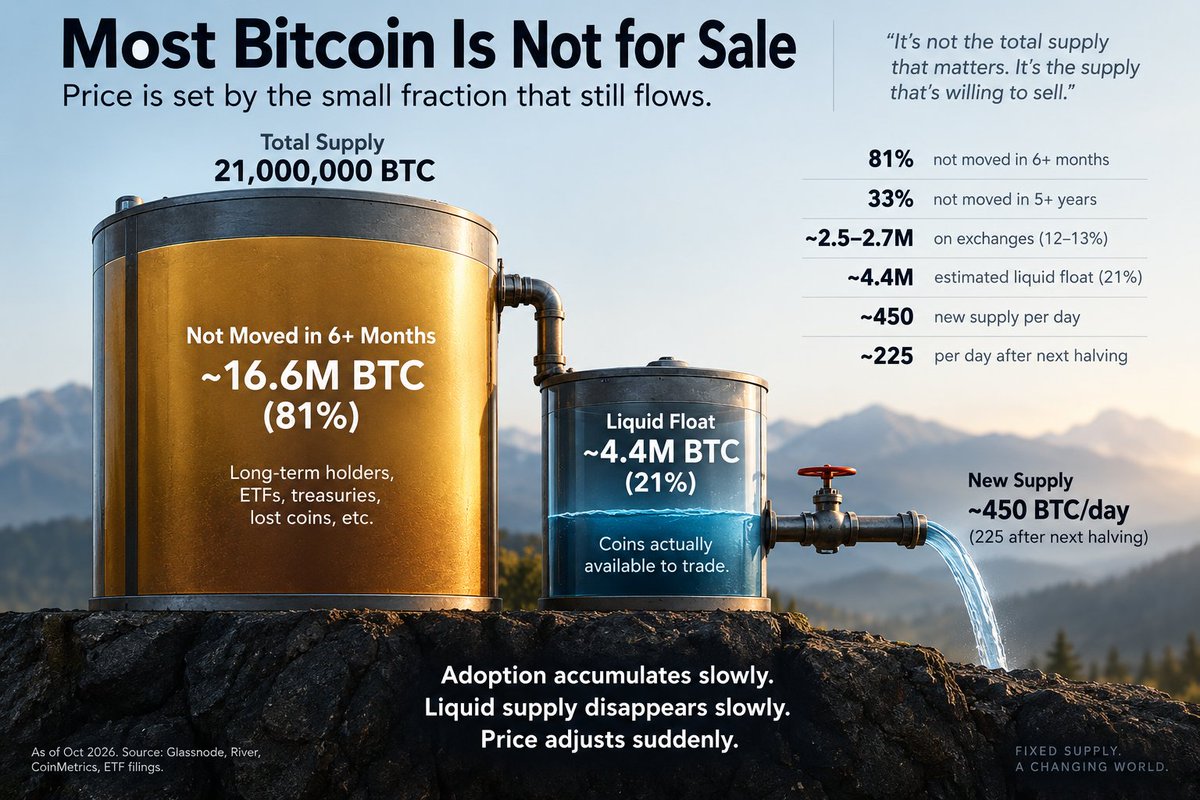 david_eng_mba's tweet photo. $BTC IS not priced by 20M coins. It is priced by the few million that are actually for sale.

That distinction matters.

~81% of BTC hasn’t moved in 6+ months
~33% hasn’t moved in 5+ years
Only ~2.5–2.7M BTC sits on exchanges
New supply is just ~450 BTC/day
After the next halving: ~225 BTC/day

First principle:

Price is set at the margin.

If 16M coins are effectively unavailable, demand does not need to compete for 20M BTC.

It competes for the small liquid float.

And that float keeps shrinking as coins move into long-term wallets, ETFs and corporate treasuries.

That is why Bitcoin can look dead for months and then suddenly move 20%, 30%, 50%.

Adoption accumulates slowly.
Liquid supply disappears slowly.
Price adjusts suddenly.

The market keeps watching total supply.

The variable that matters is supply actually willing to sell.
