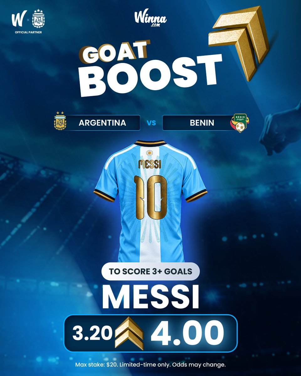 Winna's tweet photo. THE GOAT BOOST 🐐

One more game, one more show of magic.

Get Messi to score a hat-trick against Benin, boosted on Winna. https://t.co/u8WRhtCX6m