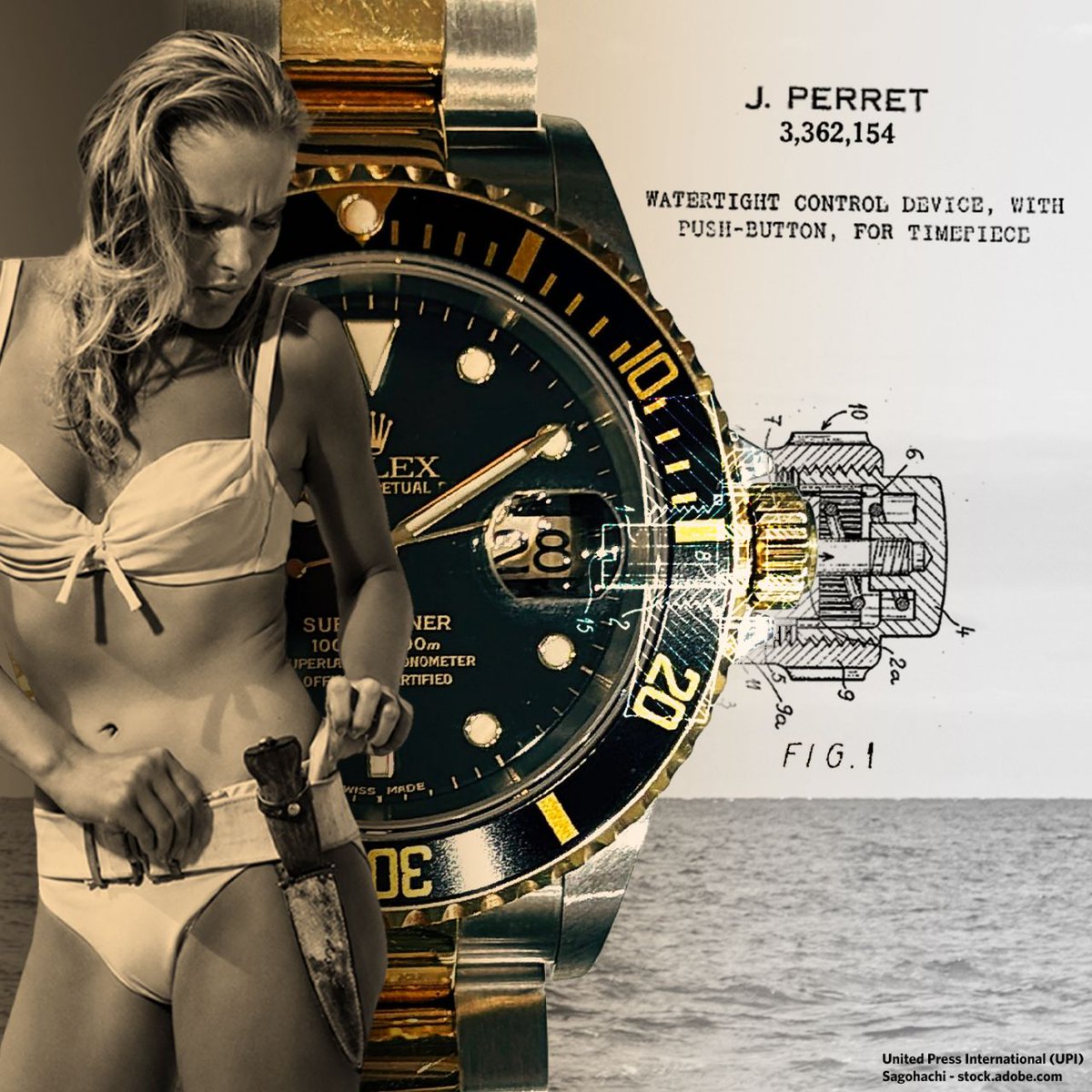 uspto's tweet photo. On this day in 1962, Dr. No—the first James Bond film—premiered. 

Bond sports a Rolex Submariner wristwatch. The Rolex Submariner is waterproof to 330 feet thanks to inventor Jean Perret who was issued U.S. Patent No. 3,362,154.

#AmericasInnovationAgency #Patents #Trademarks https://t.co/jMJQyXRxwQ