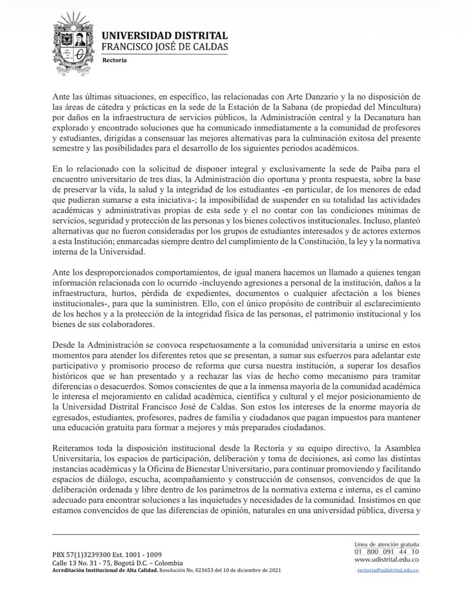 udistrital's tweet photo. #ComunicadoUD || La UD reafirma su compromiso con el diálogo, la participación democrática y el respeto por la comunidad, al tiempo que rechaza los hechos de violencia, daños a la infraestructura, hurtos y afectaciones al patrimonio institucional registrados recientemente. https://t.co/39NPchfnQb
