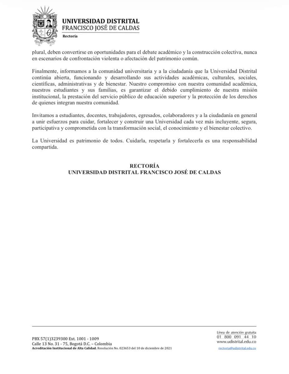 udistrital's tweet photo. #ComunicadoUD || La UD reafirma su compromiso con el diálogo, la participación democrática y el respeto por la comunidad, al tiempo que rechaza los hechos de violencia, daños a la infraestructura, hurtos y afectaciones al patrimonio institucional registrados recientemente. https://t.co/39NPchfnQb