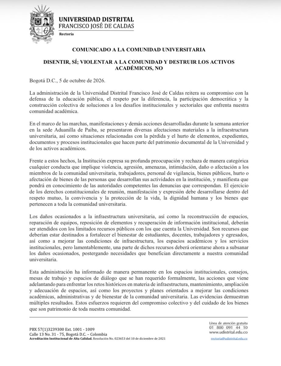 udistrital's tweet photo. #ComunicadoUD || La UD reafirma su compromiso con el diálogo, la participación democrática y el respeto por la comunidad, al tiempo que rechaza los hechos de violencia, daños a la infraestructura, hurtos y afectaciones al patrimonio institucional registrados recientemente. https://t.co/39NPchfnQb