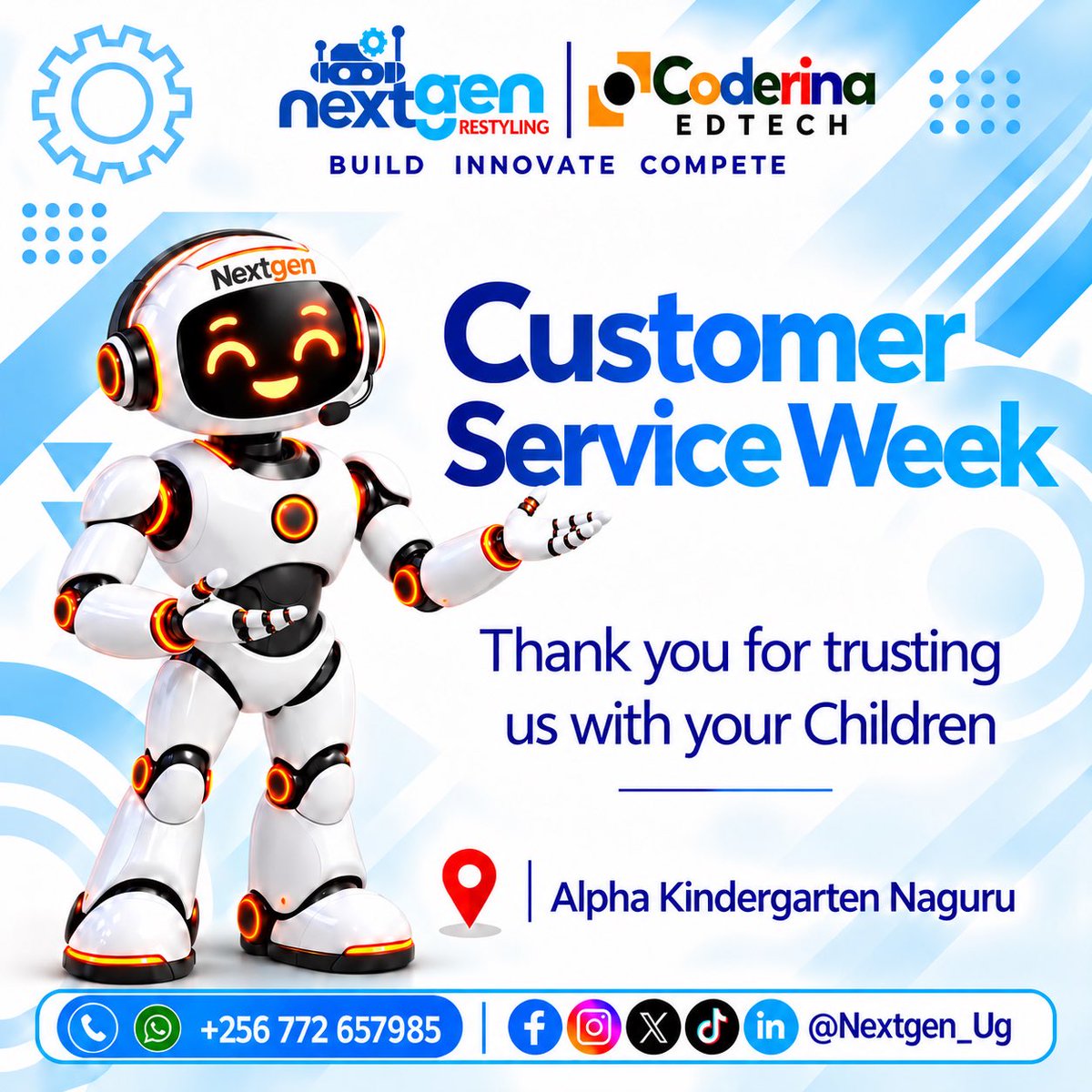 NextGen_Ug's tweet photo. Celebrating Customer Service Week! Thank you for trusting us with your children. Together, we inspire, create and innovate! #InnovationInAction #roboticsUganda
@coderina
@WorldSkillsUg @UCC_Official @KabojjaSchool @EnabelInUganda @VisionGroup @MariamHigh
@sssuganda @NECUPDF @GreenhillUg
@MuhikaJuniorSch @ritz_medical @newvisionwire
@ParentsKampala @newmanfoodsltd @WorldskillsJ
@WorldskillsJ @strathmore @NewmanFoods @Tetebusiness @SMusherure @MoICT_Ug @MoICT_Ug @Educ_SportsUg