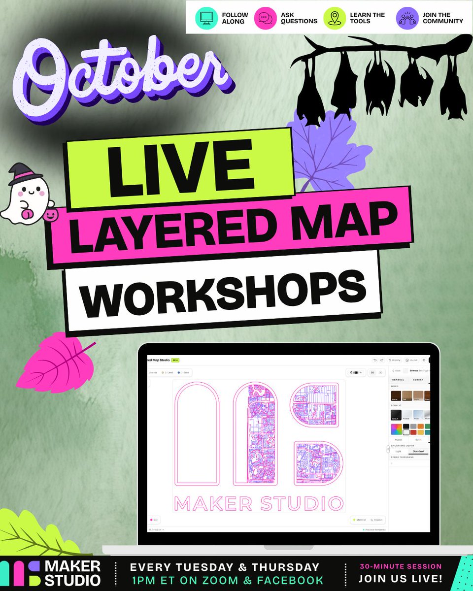 getmakerstudio's tweet photo. 🎃 October is for making!

Whether you’re brand new to Maker Studio or just want to learn a new trick, come hang out and create with us.

📅 Every Tuesday &amp; Thursday
⏰ 1 PM ET
💻 Live on Zoom + Facebook

Stop Designing. Start Making. https://t.co/KqFPoHEiIM