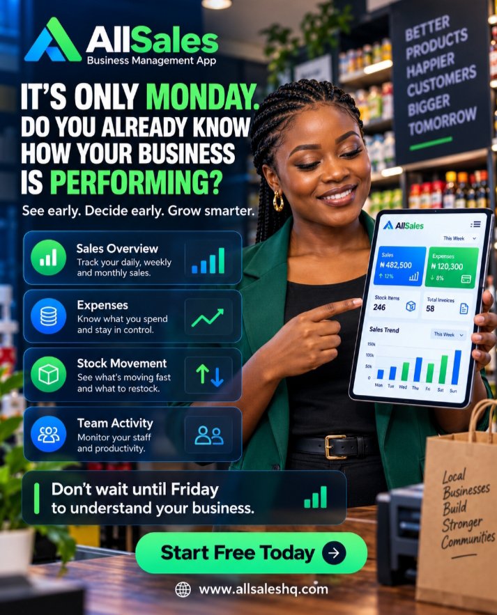 AllTech_Hub's tweet photo. It’s only Monday.

But your business is already telling you something.

Which products are moving?
Where is money going?
Which stock needs attention?
How is your team performing?

The mistake is waiting until Friday—or month end—to start looking for answers.

Strong business owners don’t only review the past.

They watch the business while it is happening and make better decisions early.

That is the kind of visibility AllSales is built to provide.

Don’t wait until the week is over to understand your business.

Start Free Today