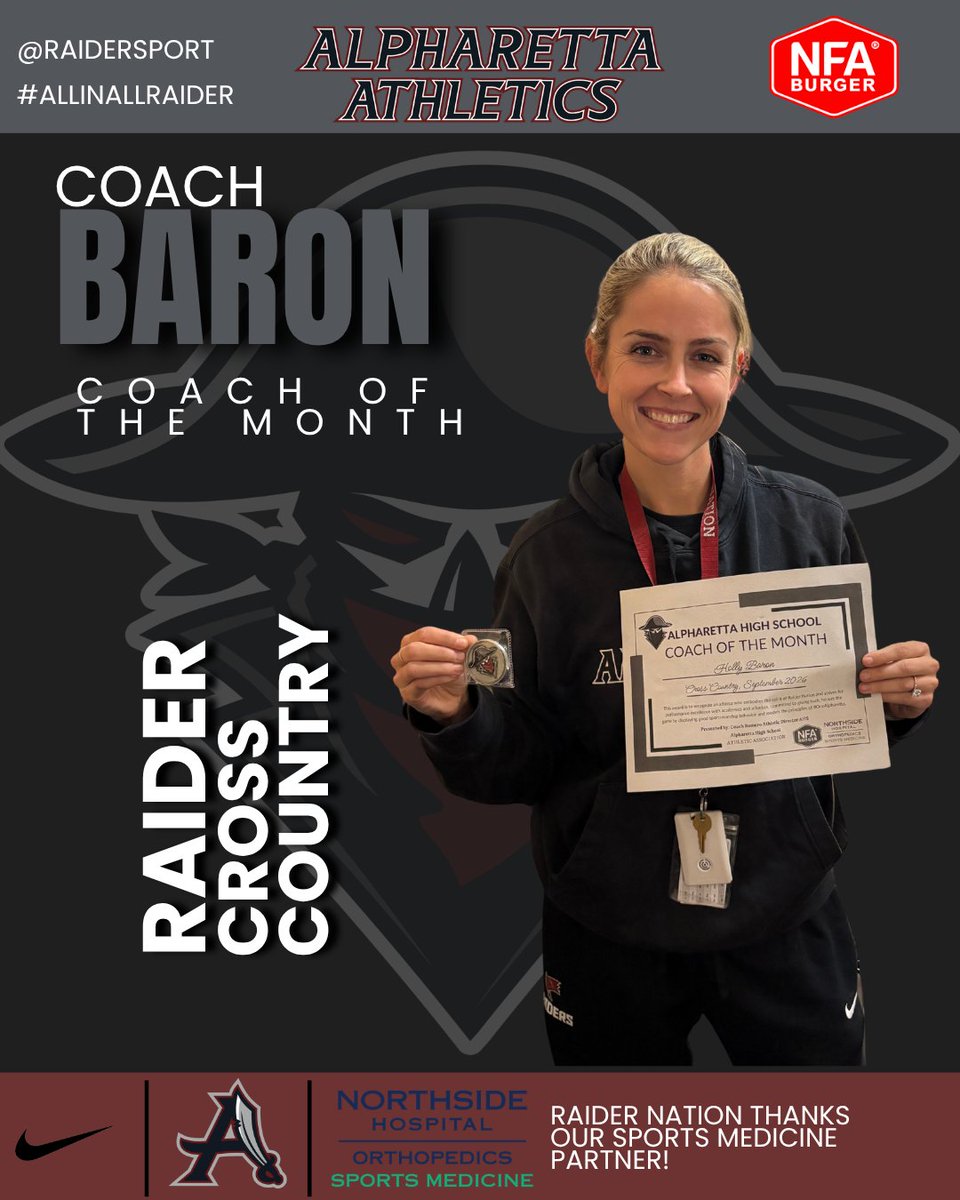 RaiderSport's tweet photo. Congratulations to Coach Baron of Raider Cross Country on being named our Coach of the Month! 🏃♂️🏃♀️
Thank you for the leadership, dedication, and Raider pride you bring to our runners every day!
Well deserved, Coach Baron! 🏴☠️
#AllinAllRaider
@Scheifflee_AHS @NorthsideHosp https://t.co/F96OvaYqVL