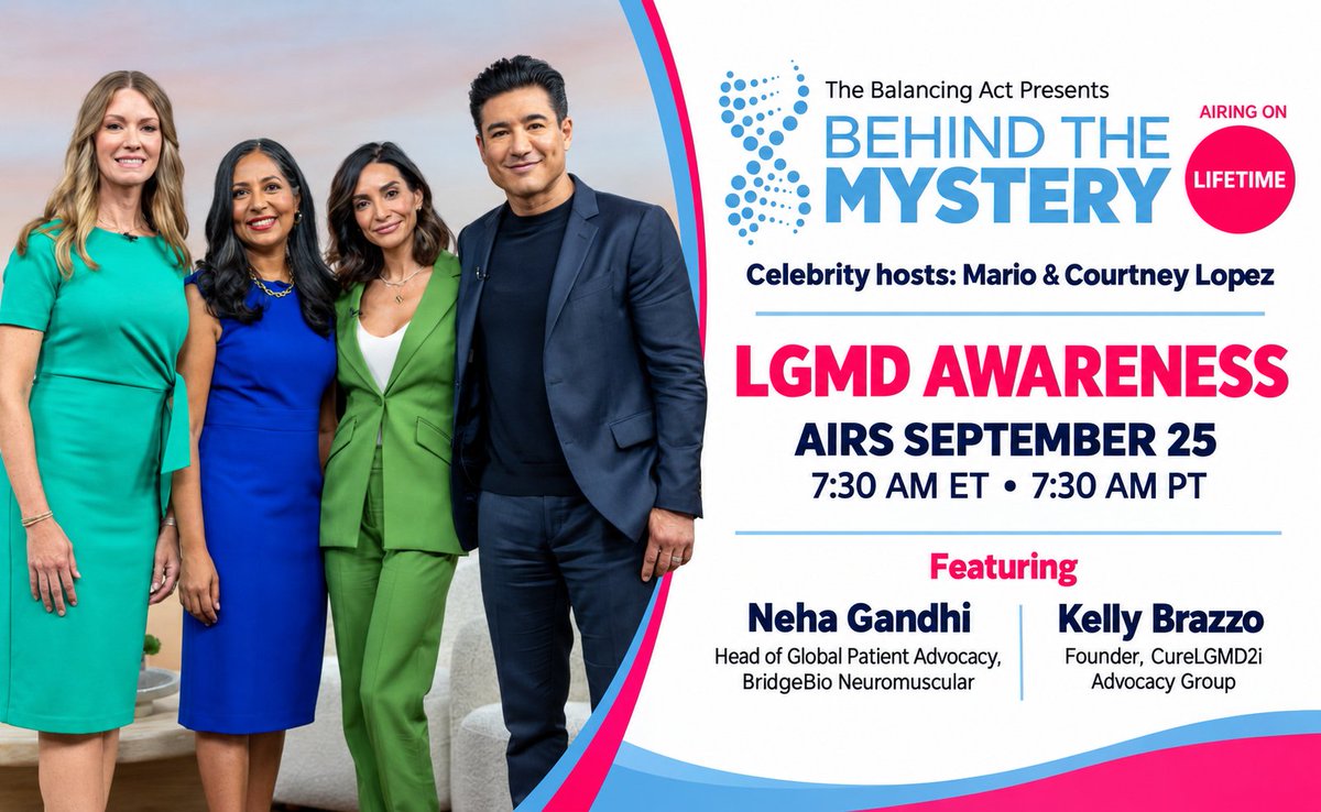 BridgeBioPharma's tweet photo. Muscle weakness has a long list of possible causes. Genetic testing is what names the one you have. Neha Gandhi of BridgeBio Neuromuscular and Kelly Brazzo of CureLGMD2i went Behind the Mystery on @lifetimetv on #LGMD diagnosis, advocacy and community. Watch the replay: https://t.co/LYHg0zuc68