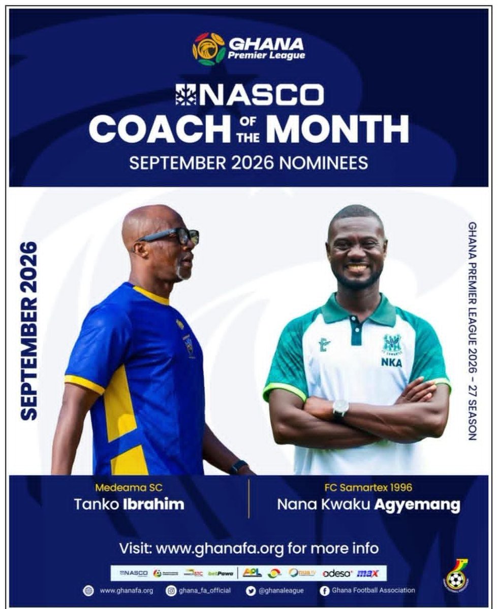 eddybavi's tweet photo. Who are you voting for to br NASCO coach of the month award❓️

Nana Kweku Agyemang – FC Samartex

Matches: 4
Wins: 2
Draws: 2
Losses: 0
Goals Scored: 6
Goals Conceded: 3

Tanko Ibrahim – Medeama SC

Matches: 4
Wins: 2
Draws: 2
Losses: 0
Goals Scored: 8
Goals Conceded: 4 https://t.co/Pm0viPjwdR