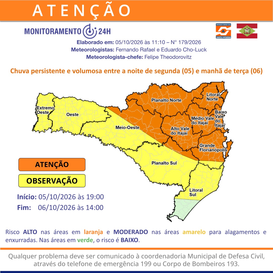 GovSC's tweet photo. Atenção, catarinense! 🌧️

A partir da noite desta segunda (05) até a tarde de terça (06), a chuva deve ser persistente em SC e, em alguns momentos, pode vir com forte intensidade em curto período de tempo, principalmente no Vale do Itajaí, Planalto Norte, Litoral Norte, parte da Grande Floripa e Meio-Oeste.

Fique de olho nas atualizações da Defesa Civil 👇
https://t.co/suRS6zOlXt