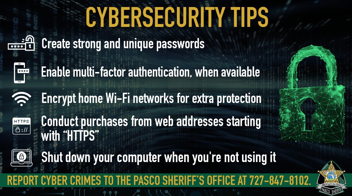 PascoSheriff's tweet photo. This National Cybersecurity Month, Pasco Sheriff’s Office is reminding you to take the proper precautions to protect personal information while online. By staying informed of current cybersecurity information, we reduce the risk of our personal information being compromised. https://t.co/GGJZrnSoRU