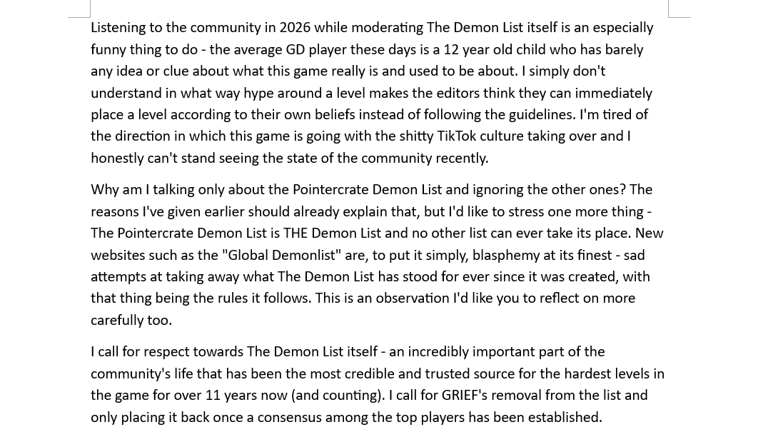 FluxGD's tweet photo. my statement on GRIEF getting immediately placed on the Demon List.
if you care about this game at all, please take your time to read this https://t.co/SfGiaV42YX