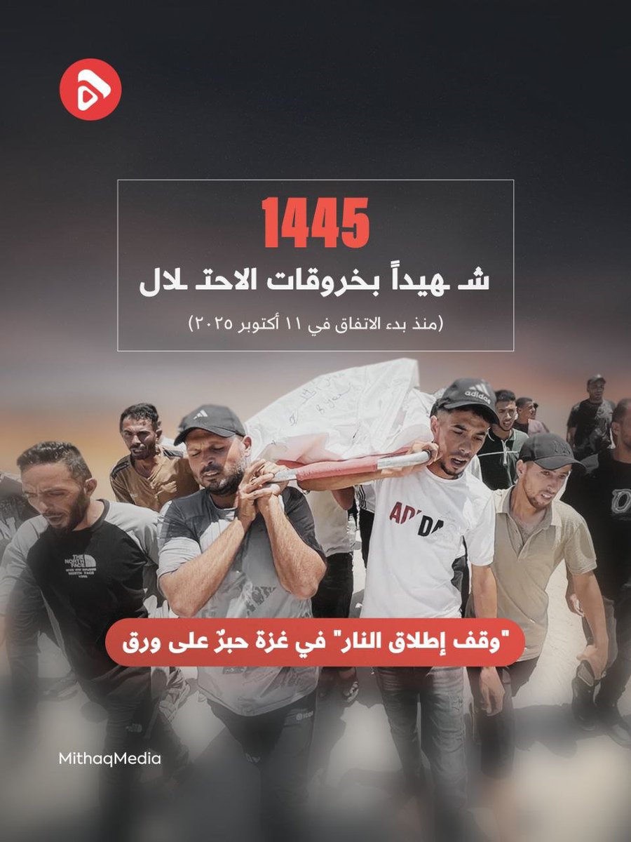 Mithaq_ps's tweet photo. 🔰 1445 شهيـ.. ـداً منذ 11 أكتوبر 2025..
خروقات الاحتـ.ـلا.ل المستمرة تحوّل "وقف إطلاق النار" في غزة إلى حبر على ورق.

#غزة_تباد
#كذبوا_عليكم
#الإبادة_متواصلة https://t.co/JjRf5iHKwD