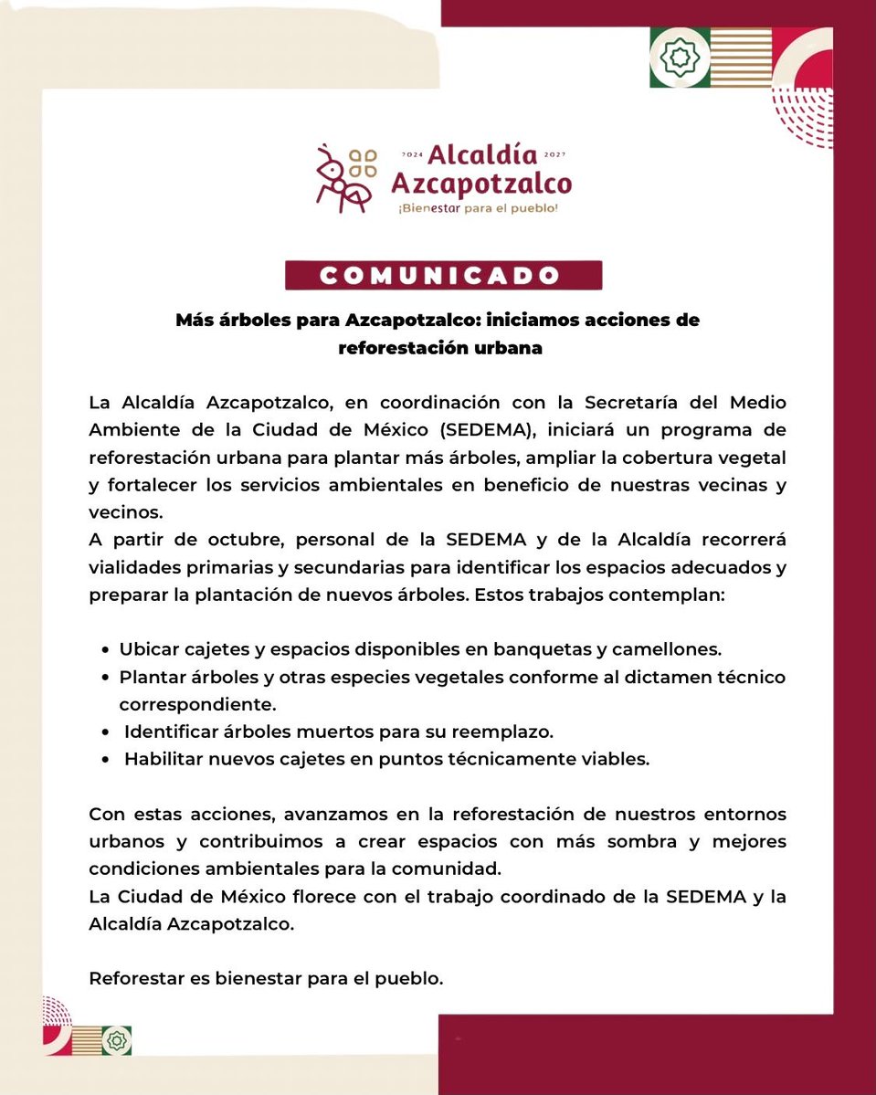 AzcapotzalcoMx's tweet photo. 🌳🌱 ¡Más árboles para Azcapotzalco!
En coordinación con la SEDEMA, iniciamos acciones de reforestación urbana para sumar más áreas verdes, generar sombra y mejorar nuestros espacios para todas y todos.
Reforestar es bienestar para el pueblo. 🌿

#BienestarParaElPueblo https://t.co/Xy0wlxGw8g