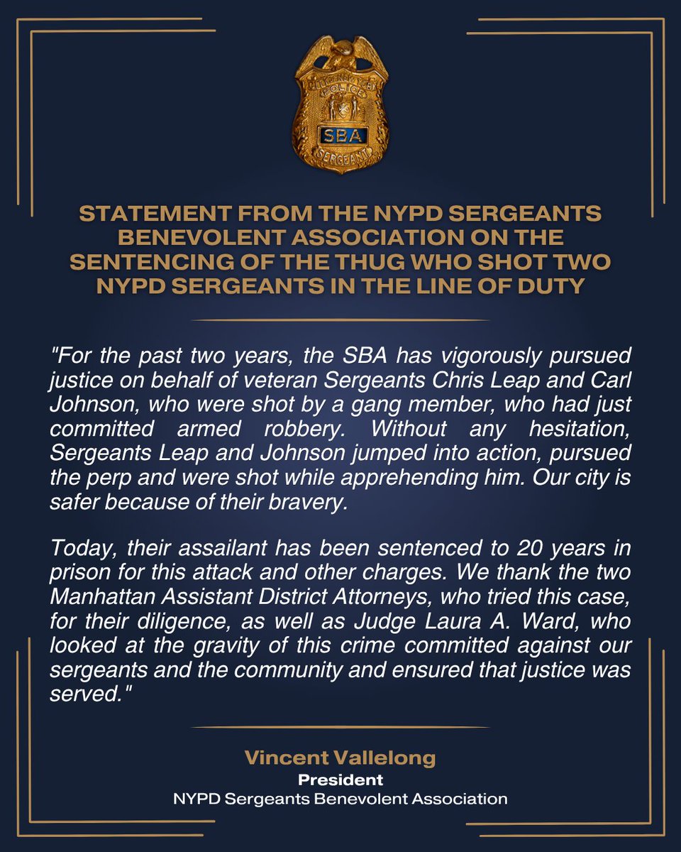 sbanypd's tweet photo. Statement from The NYPD Sergeants Benevolent Association on the Sentencing of the Thug Who Shot Two NYPD Sergeants In the Line of Duty https://t.co/8xv3GRRn53