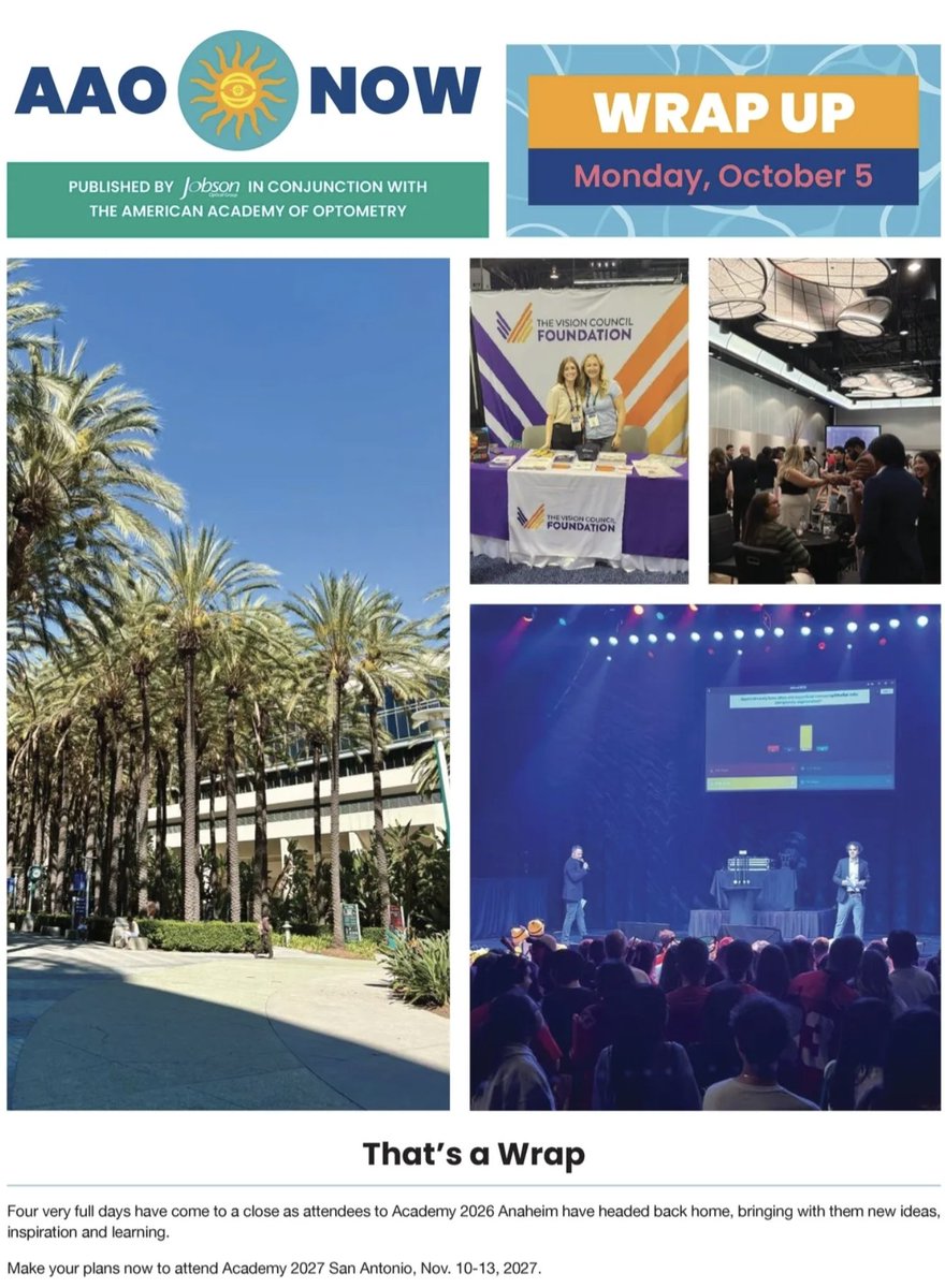 aaopt's tweet photo. One final look back at Academy 2026 Anaheim.

The Monday Recap of AAO Now captures highlights from an incredible meeting—from celebrating our awardees, new Fellows and Diplomates, and the Academy community to reflecting on the education, connections and experiences that brought us together in Anaheim.

Read the final edition of AAO Now here: https://t.co/6sZ4xu4Py8

Miss our earlier issues? Catch up on the highlights from last week in Anaheim:
-Wednesday: https://t.co/fptq00Lb2c
-Thursday: https://t.co/ivklXNyAkE
-Friday: https://t.co/SoCpbYby82

#Academy26 #Fellows #Optometry #VisionScience