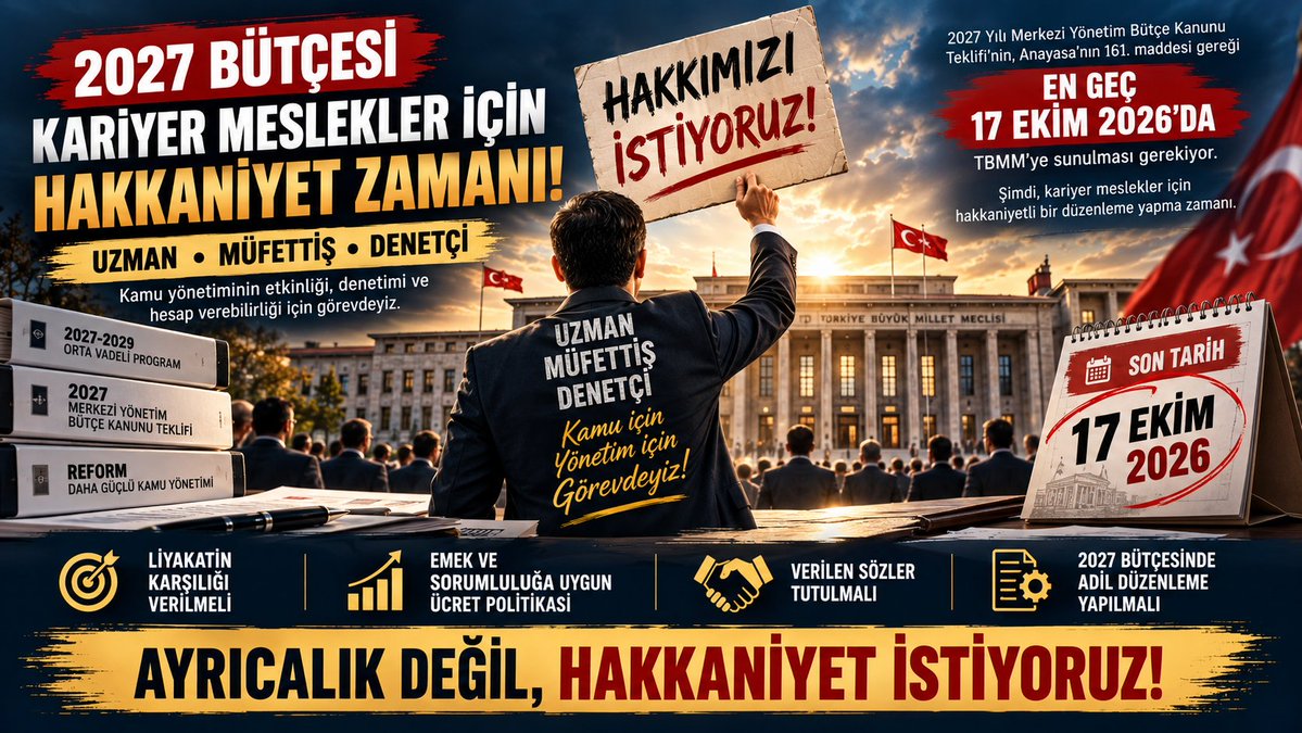 HuniliUzman's tweet photo. “2027 BÜTÇESİ — KARİYER MESLEKLER İÇİN HAKKANİYET ZAMANI!”
17 EKİM YAKLAŞIYOR! ⏳
2026 bütçesinde yarım kalan düzenleme için artık yeni bir fırsat var.
2027 Merkezi Yönetim Bütçesi hazırlanırken kariyer uzmanları ve merkez denetim elemanlarının özlük ve ücret sorunları görmezden gelinmemeli.
Uzman. Müfettiş. Denetçi.
Yıllarca süren sınav, eğitim, uzmanlaşma ve ağır sorumlulukların karşılığı hakkaniyetli bir ücret politikasıdır.
Ayrıcalık istemiyoruz.
Liyakatimizin karşılığını istiyoruz.
2027 Bütçesi, kariyer meslekler açısından yeni bir hayal kırıklığının değil, hakkaniyetli bir çözümün başlangıcı olsun.
Kamu için, yönetim için görevdeyiz.
#KariyerMeslek #Uzman #Müfettiş #Denetçi #Liyakat #Kamu #2027Bütçesi #Hakkaniyet