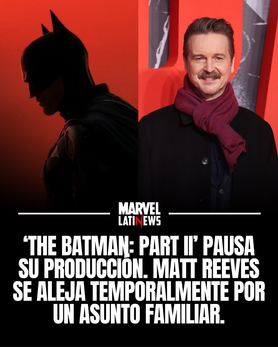 MarvelLatin's tweet photo. La filmación de The Batman: Part II ha sido detenida temporalmente después de que el director Matt Reeves tuviera que alejarse del proyecto por motivos personales.

DC Studios confirmó la situación mediante un comunicado:

🗣️ “La producción de The Batman Part II ha sido pausada temporalmente mientras Matt Reeves se concentra en un asunto familiar”.

El estudio añadió que Reeves cuenta con todo el apoyo de DC Studios y que esperan retomar el trabajo en la película próximamente. 

La secuela protagonizada por Robert Pattinson había comenzado su rodaje este verano y actualmente mantiene su estreno programado para:

📅 18 de febrero de 2028

Por ahora, fuentes cercanas a la producción señalan que es demasiado pronto para determinar si esta pausa provocará otro cambio en la fecha de estreno. 

🦇 Esperamos que todo esté bien con Matt Reeves y su familia.

#TheBatman #TheBatmanPartII #MattReeves #RobertPattinson #Batman #DC #DCStudios #Movies #MarvelLatinNews