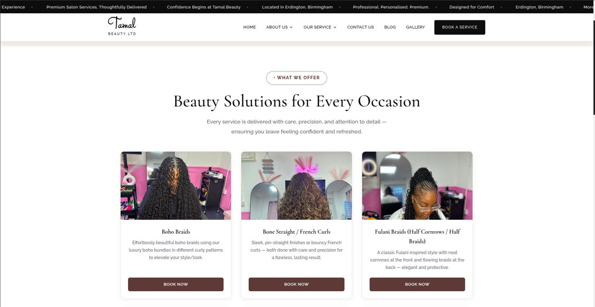 topseen_a's tweet photo. 🚀 Recently built and deployed a website for Tamal Beauty, a beauty business in Birmingham, UK.

From UI/UX to responsive development, I focused on turning a business idea into a functional digital product.

🔗 https://t.co/Vr1v7n0aSX

#SoftwareEngineer #WebDevelopment #React https://t.co/bJKSWeffoV