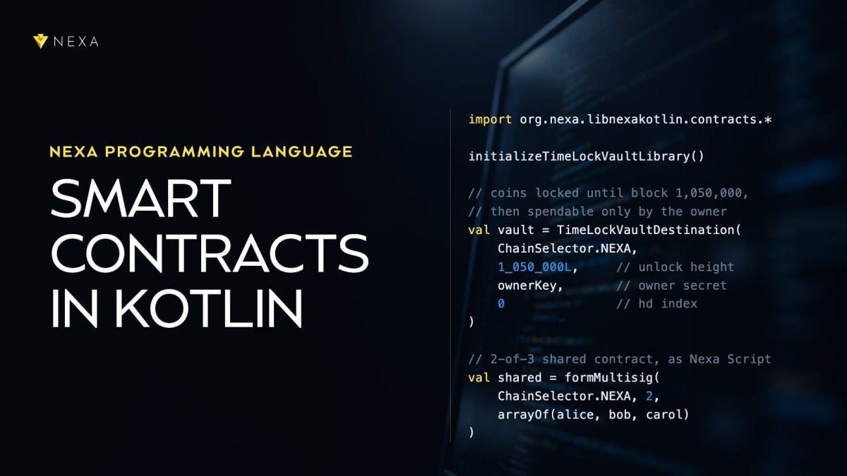 NexaMoney's tweet photo. 📒 Nexa Programming Language (NPL): Smart Contracts in Kotlin

Nexa Programming Language (NPL) is a domain-specific language and compiler for writing Nexa smart contracts. Each smart contract includes rules that decide how coins can be spent. NPL lets developers write smart contracts in Kotlin, and the compiler converts them into scripts that can run on the Nexa network.

@kotlin is a multiplatform language that lets you run a single codebase across multiple platforms and operating systems. It is also the preferred programming language of giants such as @Google for developing applications on @Android.

A single programming language that works across platforms benefits developers and users. We are excited to introduce NPL as the preferred language for writing smart contracts on Nexa.

You can find all the details and read more on the Nexa Forum through the link below. 👇