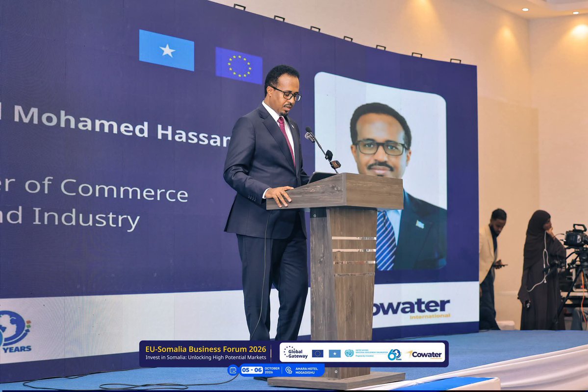mocisom's tweet photo. 1/3. The EU–Somalia Business Forum 2026 opened today in Mogadishu with H.E. Deputy PM  @SalahJama officially opening the Forum, alongside H.E. Minister @AmbGamal &amp; the EU Ambassador to Somalia, H.E. Máth�� László Eduárd.  A platform to strengthen 🇸🇴 and 🇪🇺 economic cooperation. https://t.co/AIcWpexqnZ