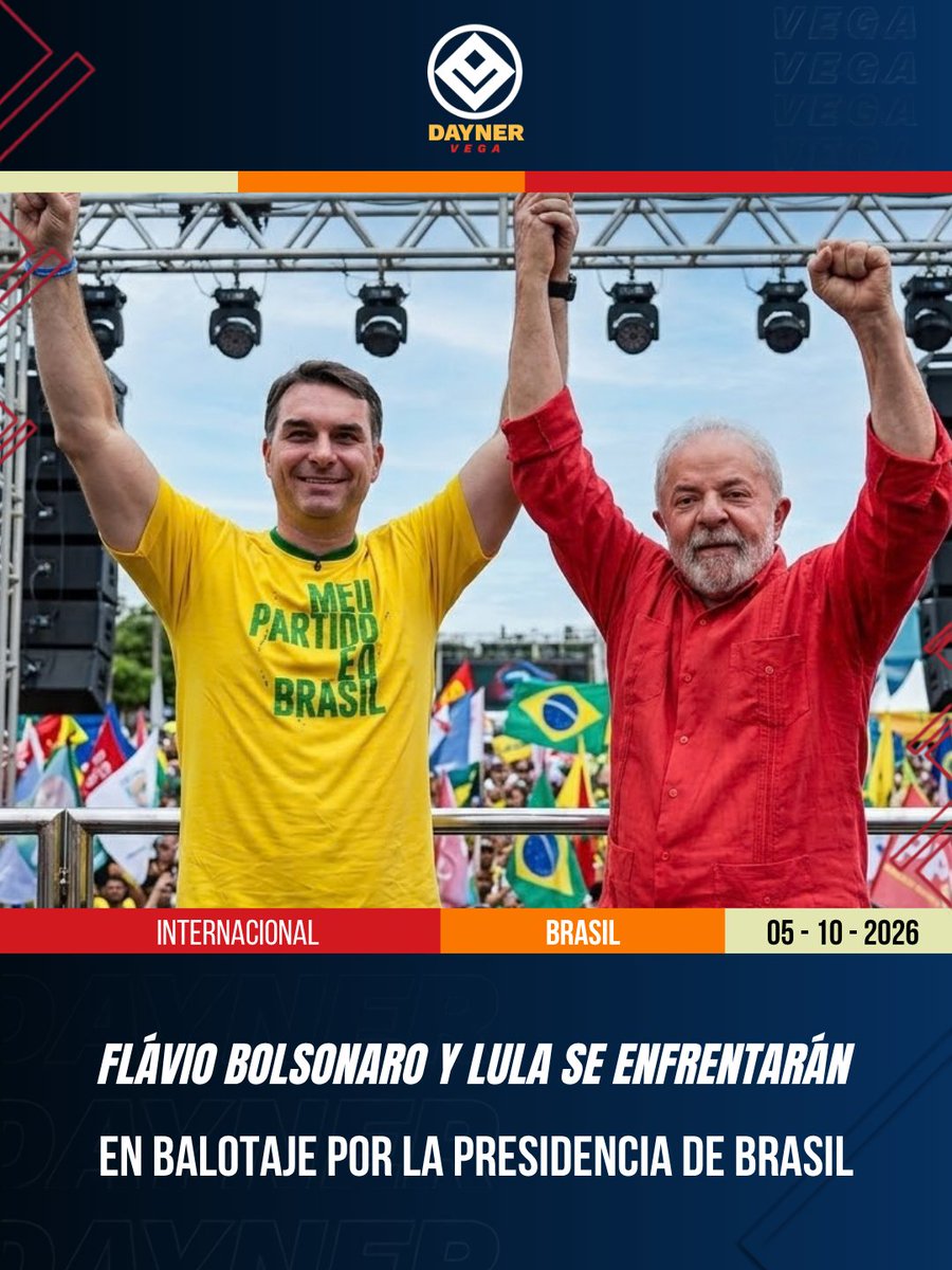 daynervegaofi's tweet photo. Con el 99,99 % de los votos escrutados, el senador Flávio Bolsonaro y el mandatario Luiz Inácio Lula da Silva disputarán la presidencia de Brasil en una segunda vuelta el próximo 25 de octubre, al no alcanzar ninguno el 50 % requerido.

​#brasil #eleccionesbrasil #lula #bolsonaro https://t.co/VmtwsXPz0k