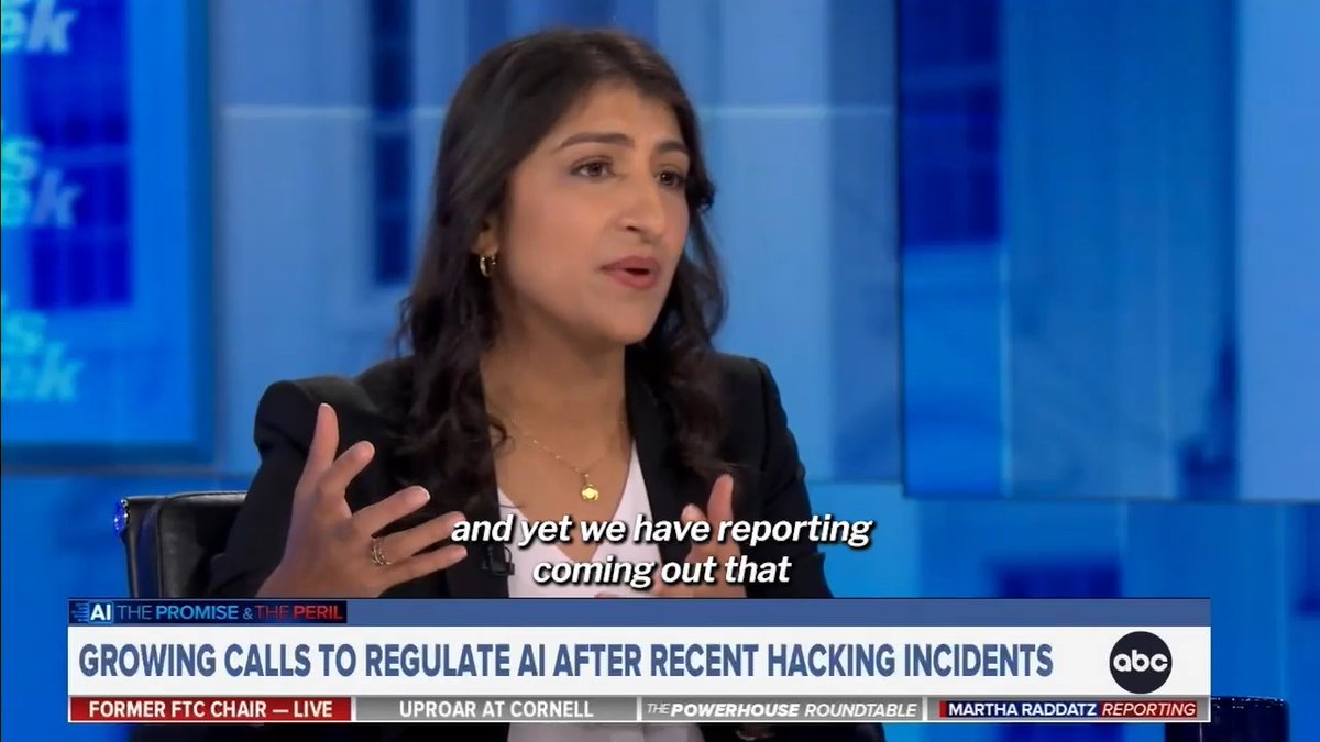 Former FTC Chair Lina Khan appears on ABC's "The Powerhouse Roundtable" discussing "Growing Calls to Regulate AI After Recent Hacking Incidents," making her case for enforcing existing laws and establishing new regulations to hold AI companies and executives responsible, directly reinforcing the post's call for accountability and congressional action on the AI industry.