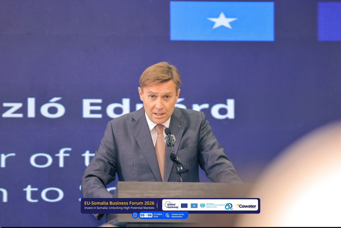 mocisom's tweet photo. 1/3. The EU–Somalia Business Forum 2026 opened today in Mogadishu with H.E. Deputy PM  @SalahJama officially opening the Forum, alongside H.E. Minister @AmbGamal &amp; the EU Ambassador to Somalia, H.E. Máth�� László Eduárd.  A platform to strengthen 🇸🇴 and 🇪🇺 economic cooperation. https://t.co/AIcWpexqnZ