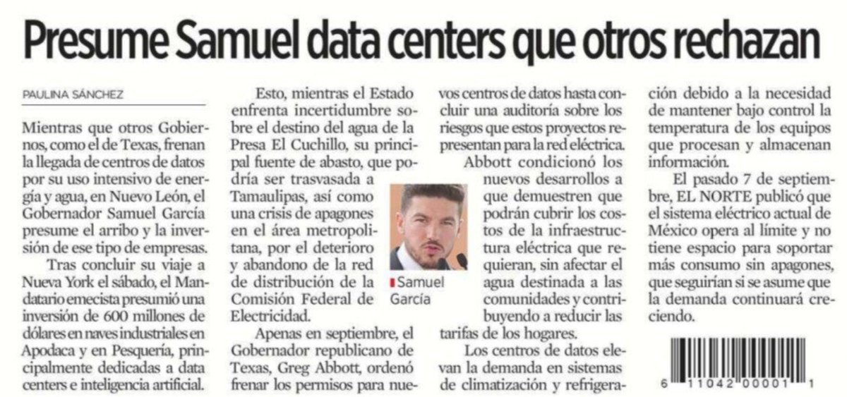 LoQuePasaEnNL's tweet photo. Texas rechaza  a Data Centers por gasto excesivo de recursos en agua y energía electrica , buscan al primero que se atraviese y resulta ser Nuevo Leon para sorpresa de nadie.... vea usted ⬇️ https://t.co/smsByvUVK3