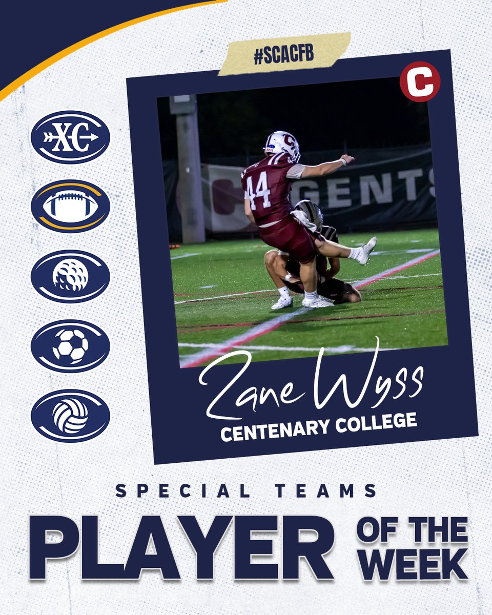 GoCentenary's tweet photo. Zane Wyss is your SCAC Special Teams Player of the Week! 🙌

The sophomore went 3-3 on FGs (career-long 41), 4-4 on PATs, and averaged 50.3 yards on four punts in the 37-13 win at Austin College. Perfect on the season! 💪

#GoCentenary #GoGents #GentsFootball #D3Football #SCACFB https://t.co/0HumSVKKOW
