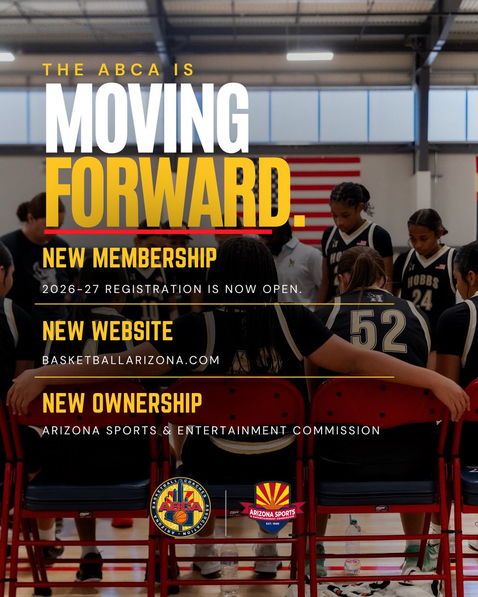 AZBballCoaches's tweet photo. 🏀A NEW CHAPTER FOR ARIZONA BASKETBALL. 

ABCA is proud to join the Arizona Sports &amp; Entertainment Commission! Our new website is LIVE and 2026-27 membership registration is officially open!

🌵Let’s build the future of Arizona basketball together!

#ABCA #ArizonaCoaches #AZBBall https://t.co/1ZIGnTvhlP