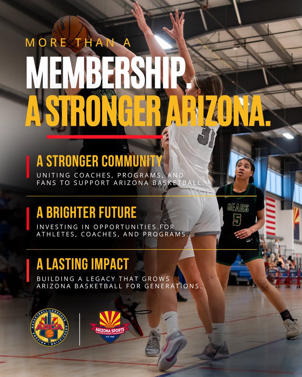 AZBballCoaches's tweet photo. 🏀A NEW CHAPTER FOR ARIZONA BASKETBALL. 

ABCA is proud to join the Arizona Sports &amp; Entertainment Commission! Our new website is LIVE and 2026-27 membership registration is officially open!

🌵Let’s build the future of Arizona basketball together!

#ABCA #ArizonaCoaches #AZBBall https://t.co/1ZIGnTvhlP