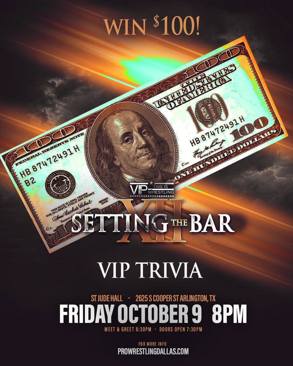 VIP_Wrestling's tweet photo. 4 days away until we celebrate 12 years with Setting The Bar 12 ( VIP Wrestling 12 Year Anniversary Event)   !!!

Here is also your chance to $100, but be live at this event for a chance to win!!!

Tickets and match card at https://t.co/xkZpTIv7qW https://t.co/FHRTS0XTUo