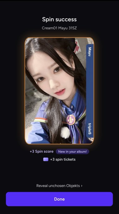 A screenshot of a mobile game showing a "Spin success" for "Cream01 Mayu 3152" with a character card named "Mayu".