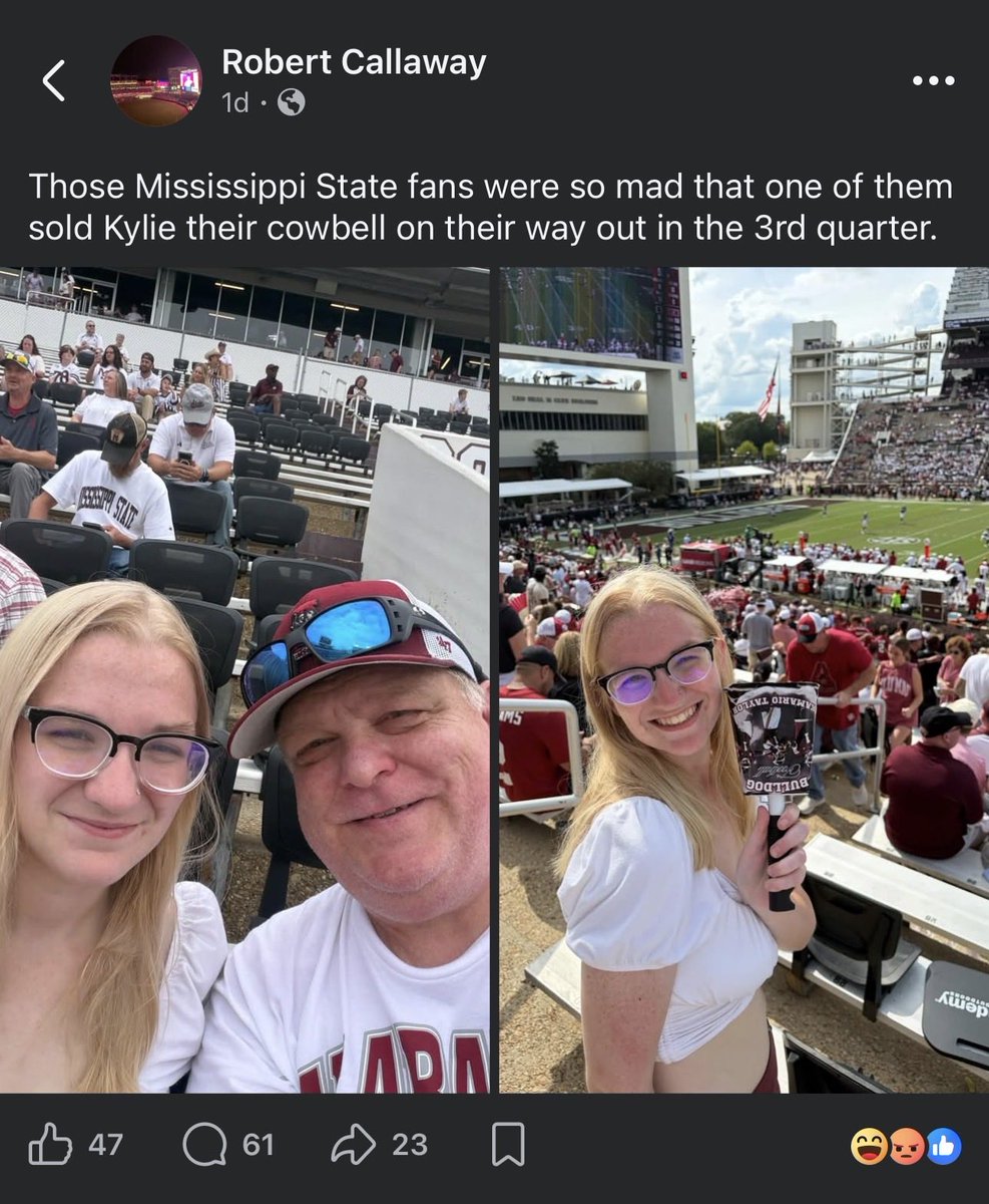 hail_state23's tweet photo. This Bama fan claims to have “bought” Kamario’s moms gifted custom cowbell, and at first only offered to return it to her if she got him a signed Kamario jersey and is now saying they have no intention of returning it. Let’s make Robert Callaway and his daughter famous! https://t.co/BgcdObs4uB