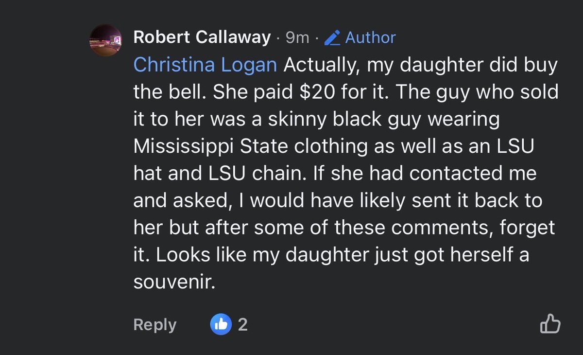 hail_state23's tweet photo. This Bama fan claims to have “bought” Kamario’s moms gifted custom cowbell, and at first only offered to return it to her if she got him a signed Kamario jersey and is now saying they have no intention of returning it. Let’s make Robert Callaway and his daughter famous! https://t.co/BgcdObs4uB
