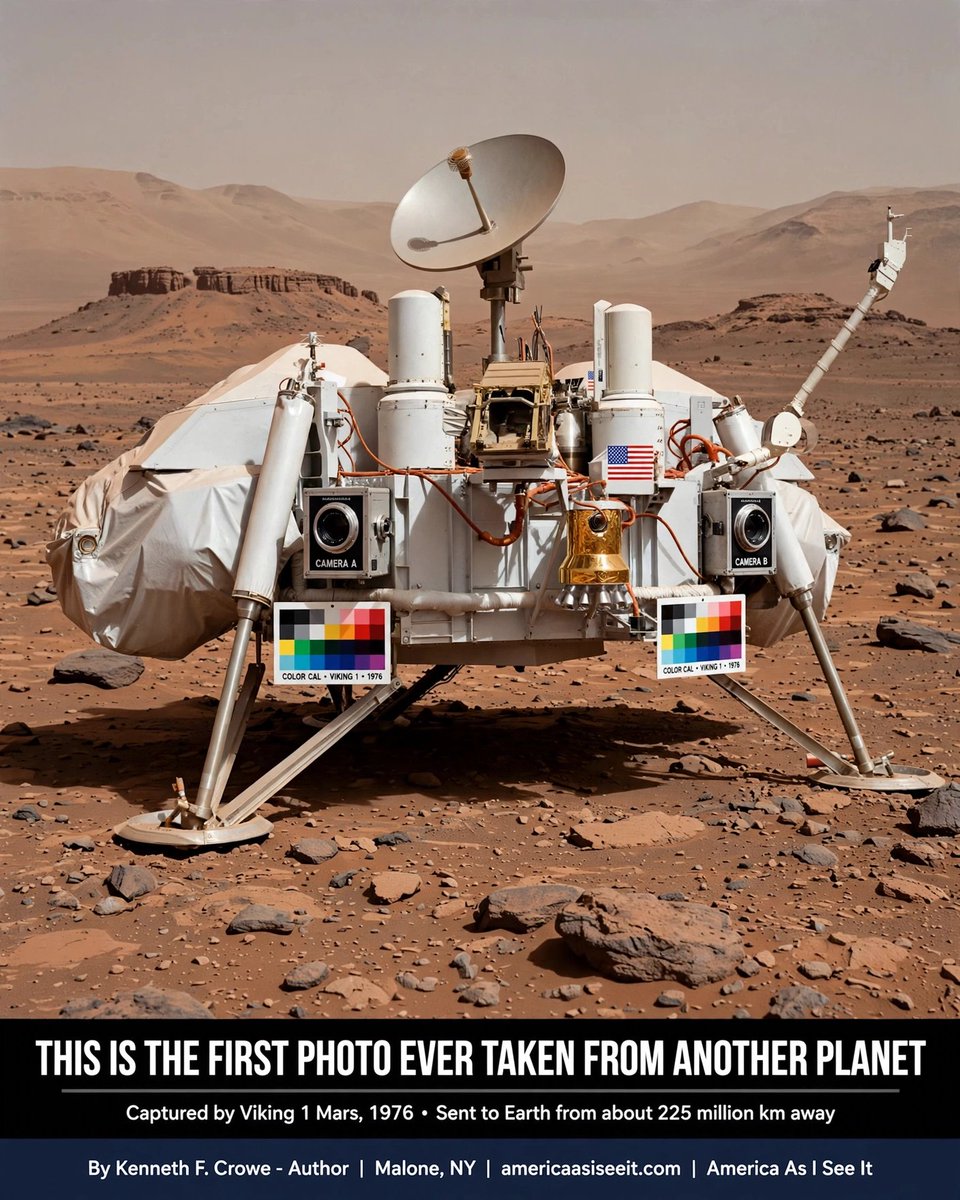 KennethFCrowe1's tweet photo. THIS IS THE FIRST PHOTO EVER TAKEN FROM ANOTHER PLANET
Captured by Viking 1 — Mars, 1976 — Sent from 225 million km away.
Built when America built things to last.
https://t.co/yEkBfIQS9C
By Kenneth F. Crowe, Author | Malone, NY
#Viking1 #Mars #FirstPhoto #AmericaAsISeeIt https://t.co/q4PstZOOxR