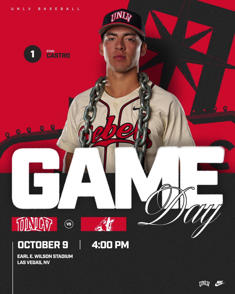 unlvbaseball's tweet photo. 𝗜𝗧'𝗦 𝗚𝗔𝗠𝗘𝗗𝗔𝗬 𝗔𝗧 𝗧𝗛𝗘 𝗘𝗔𝗥𝗟 👊

🆚 CSN
⏰ 4 PM 
⚾️ Doubleheader (14 innings)
🏟 Earl E. Wilson Stadium 
📍 Las Vegas

#BEaREBEL https://t.co/S3dl5ZZSVP